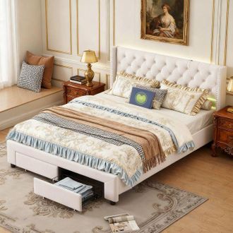 OEM Cama 140x190 Billia Terciopelo Beige - 2 Cajones, Led Regulable, Puertos Usb, Somier Incluido