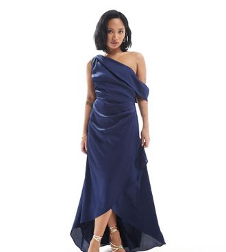 Tfnc Petite Bridesmaid satin fallen shoulder maxi dress with wrap skirt in navy