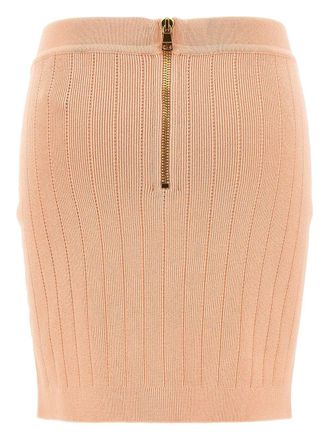 Balmain Gold-Button Ribbed Knit Skirt - Powder Pink