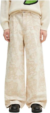 Kenzo Geborduurde Jeans met Wijde Pijpen - Heren - Wijde Broeken - Beige - W33 - Katoen - Broeken