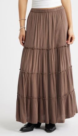 BP. Tiered Linen Blend Crinkled Gauze Maxi Skirt in Brown Quartz at Nordstrom, Size Xx-Small