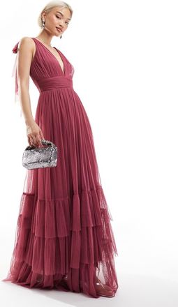 Lace & Beads Madison - Vestito lungo da damigella color orchidea a balze con fiocco sulle spalle-Rosa