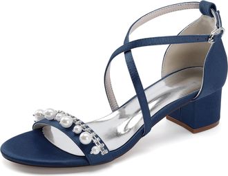 Generic Wedding Bridal Shoes Womens Open Toe Ankle Strap Chunky Heels Sandals Low Bridal Formal Prom Party Dress Shoes 4.5Cm,Dark Blue,5 UK