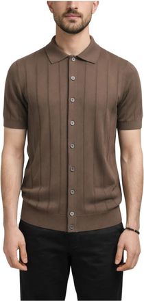 Gran Sasso Kort&auml;rmad Geribde Gebreide Shirt - Heren - Vesten - Bruin - S - Katoen - Truien & Vesten