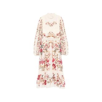 Farm Rio Royal Garden Lange Mouw Gehaakte Midi Jurk - Dames - Casual kleedjes - Veelkleurig - XS - Katoen - Kleedjes