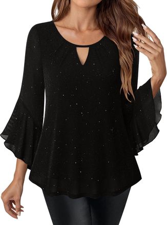Generic duxyoz Black Sparkly Tops for Women Ruffle 3/4 Sleeve Dressy Blouse Glitter Sequin Shiny Evening Party Tops Elegant V Neck Going Out Shirts Loose Fit 