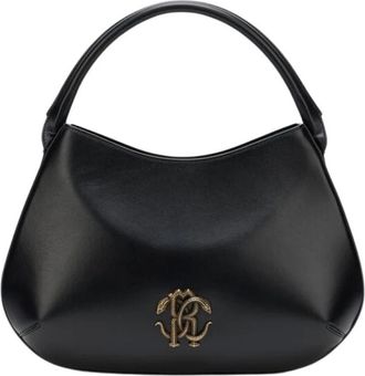Roberto Cavalli Tassen, Dames, Zwart, ONE Size, Katoen, Leren Handtas met Handvat en Monogram RC