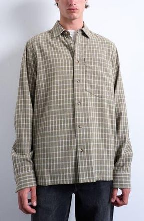 Topman Grid Check Relaxed Button-Up Shirt in Khaki at Nordstrom Rack, Size Xx-Large