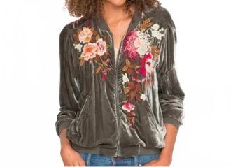 Johnny Was Chrys Velvet Bomber Jacket In Hunter Green