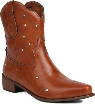 Generic Womens Wide Calf Cowgirl Ankle Boots with Hollow Out Stars Square Toe Block Heel Pull On Vintage Western Shoes (5.5,Brown)