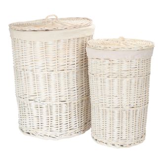 Red Hamper Set of 2 Cotton Lined Round White Wash Laundry Basket