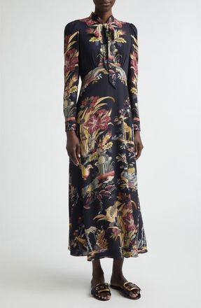 Etro Placed Flower & Animal Print Tie Neck Long Sleeve Dress in Black at Nordstrom, Size 44