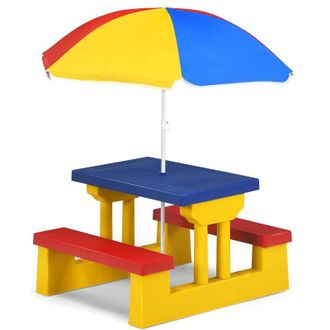Costway Tavolo da Picnic per Bambini con Parasole Pieghevole, Set di Tavolo e Panche per Giardino Esterno (rosso+blu+giallo)