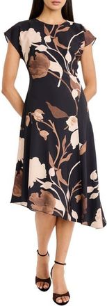 Maggy London Floral Print Asymmetric Dress in Black/light Brown at Nordstrom, Size 18