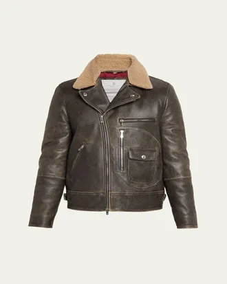 Brunello Cucinelli Mens Leather Moto Jacket with Detachable Shearling Collar