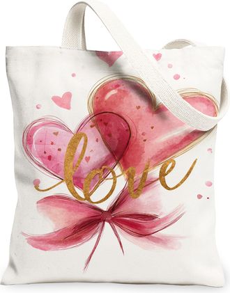 Generic ValentineS Day Hearts Canvas Tote Bags, Romantic Love Design Reusable Grocery Bags, Lightweight Washable Shoulder Strap Ca, White, 13x15 Inch