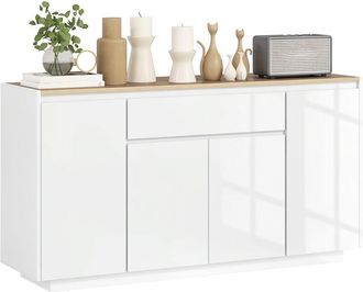 HOMCOM Aparador De 4 Puertas Aparador De Sal&oacute;n Con Caj&oacute;n Y Estantes Ajustables Mueble Aparador 140x40x75 Cm Natural Y Blanco Brillo - Homcom