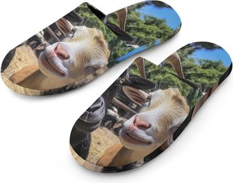 Generic Two Cute Goats Mens Slippers Flannel Warm House Shoes with Rubber Anti-Slip Sole Slip On for Home Outdoor