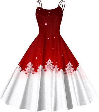 Generic Womens Vintage Sleeveless Print Christmas Party Swing Dress Ladies Sexy Xmas Dresses Christmas Evening Swing Print Dress Sexy Sleeveless A line Cockta