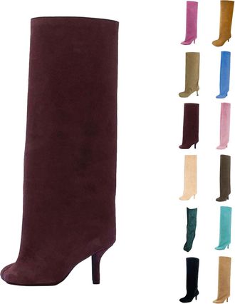 Generic Suede Knee High Boots for Women Wide Calf Square Toe Stiletto Heels Tall Boots Ladies Fall Winter Slouchy Pull On High Heel Dress Long Booties for Par