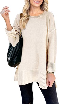 Merokeety Womens 2024 Fall Casual Crew Neck Side Split Pullover Sweater Loose Long Sleeve Jumper Top, Beige, S
