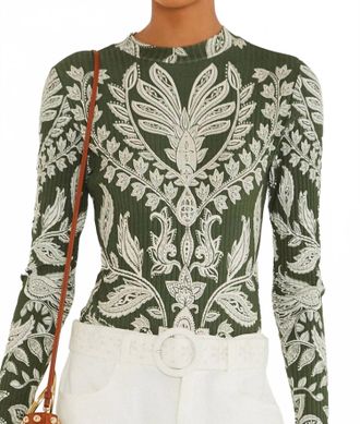 Farm Rio Miranda Long Sleeve Bodysuit In Dark Green