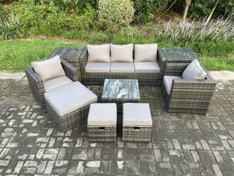 Fimous Wicker Rattan Garden Furniture Sofa Set with 2 Side Tables Armchair Square Coffee Table 3 Footstools 8 Seater in Dark Grey