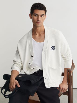Reiss Off White Monogram-embroidered Relaxed Cardigan, Xxl