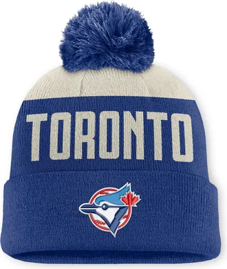 Nike Toronto Blue Jays Cooperstown Peak Nike Mens MLB Cuffed Pom Beanie in White | NB1603TETBJ-5JZ