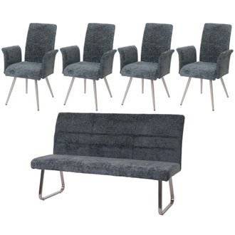 Hhg [nunca Usado] Juego De Comedor Hhg-221, Juego De 4 Sillas Con Reposabrazos + Banqueta 180cm, Acero Inoxidable Cepillado Tela/textil Chenilla, Azul-ver