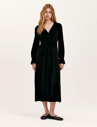 Finery Laila Velvet V Neck Midi Waisted Dress in Black at Nordstrom, Size 10