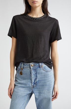 Zimmermann Crystal Embellished Linen T-Shirt in Black at Nordstrom, Size 4