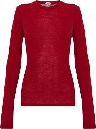Versace Logo-Geborduurd Wolgebreid T-shirt - Dames - Ronde hals truien - Rood - S - Wol - Truien & Vesten