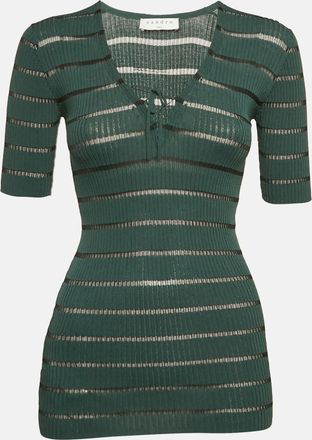 Sandro Green Striped Rib Knit Lace-Up Top