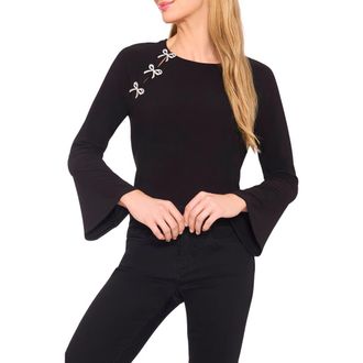 CeCe by Cynthia Steffe Pearly Bow Knit Top in Rich Black at Nordstrom, Size Medium