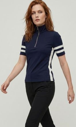 Anatomie Serena Sport Striped Zip-Up Short Sleeve Top in Navy/white at Nordstrom, Size X-Small
