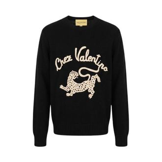 Valentino Panther Embroidery Crewneck - male - Valentino - Round-neck Knitwear - Black - XL - Knitwear