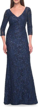 La Femme Fitted Beaded Lace Evening Gown with Ruching in Navy at Nordstrom, Size 12