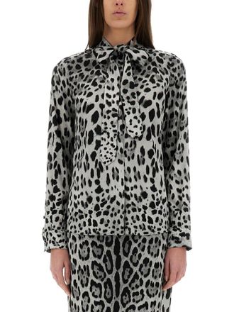 Dolce & Gabbana Womens Leopard Print Bow Charmeuse Shirt - Light Grey Silk - Size EU 40 (Womens)