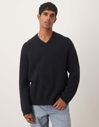 Arket Maglione in misto lana di alpaca blu navy con scollo a V