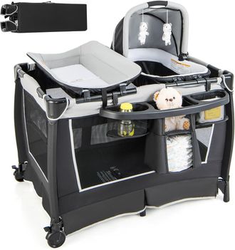 Costway Costway - Cuna Bebe 6 En 1, Centro De Cuidado Para Beb&eacute;s, Parque De Juegos Port&aacute;til Para Beb&eacute;s Con Mois&eacute;s Cambiador, Dosel Ajustable, Barra De Juguete