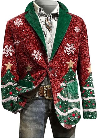 Generic Christmas Jacket for Men Corduroy 2025 Xmas Tree Jackets with Pocket One Button Business Office Holiday Suit Blazers(Z23-Red