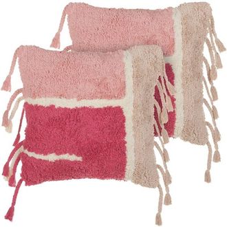 Beliani Conjunto De Cojines De Algod&oacute;n Con Borlas Estilo Boho 45 X 45 Cm Rosa Bistorta