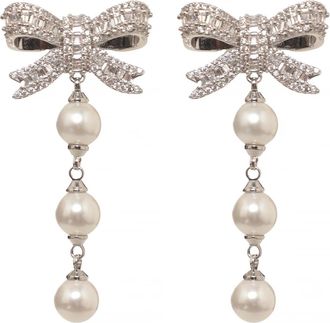Self Portrait Accessoires, Dames, Grijs, ONE Size, Oorbellen met Kristallen Strik en Pareldruppel