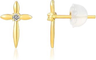 MAX + STONE Real 10k Yellow Gold Cubic Zirconia Cross Stud Earrings