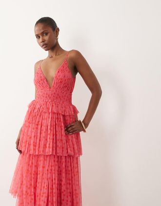 Lace & Beads Vestito lungo a balze con spalline sottili in tulle rosa e rosso a pois-Multi