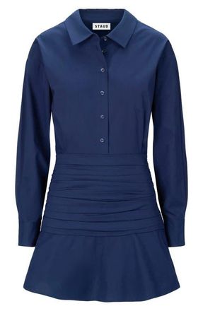 Staud Indya Long Sleeve Stretch Cotton Mini Shirtdress in Navy at Nordstrom, Size 00