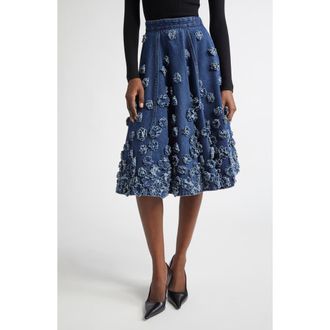 Michael Kors Floral Appliquè Denim Midi Skirt in Light Indigo at Nordstrom, Size 10