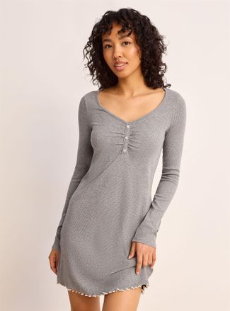Twik Womens Wavy trim ribbed Henley Shirt collar nightgown