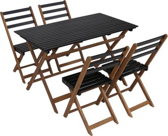 Hhg [nunca Usado] Conjunto Hhg-065, Conjunto De Muebles De Jard&iacute;n, Conjunto De Comedor, 4 Sillas, Mesa, Madera De Acacia Plegable, Natural-negro
